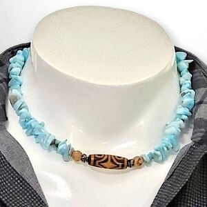 Hand Crafted Natural Larimar Necklace 19" with Tibetan Dzi 9 Eye Agate